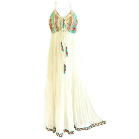Anthropologie Dresses & Skirts - Raga Maxi Dress Cotton Gauze Rope Mirror Detail Embroidered Bodice Hem Border S
